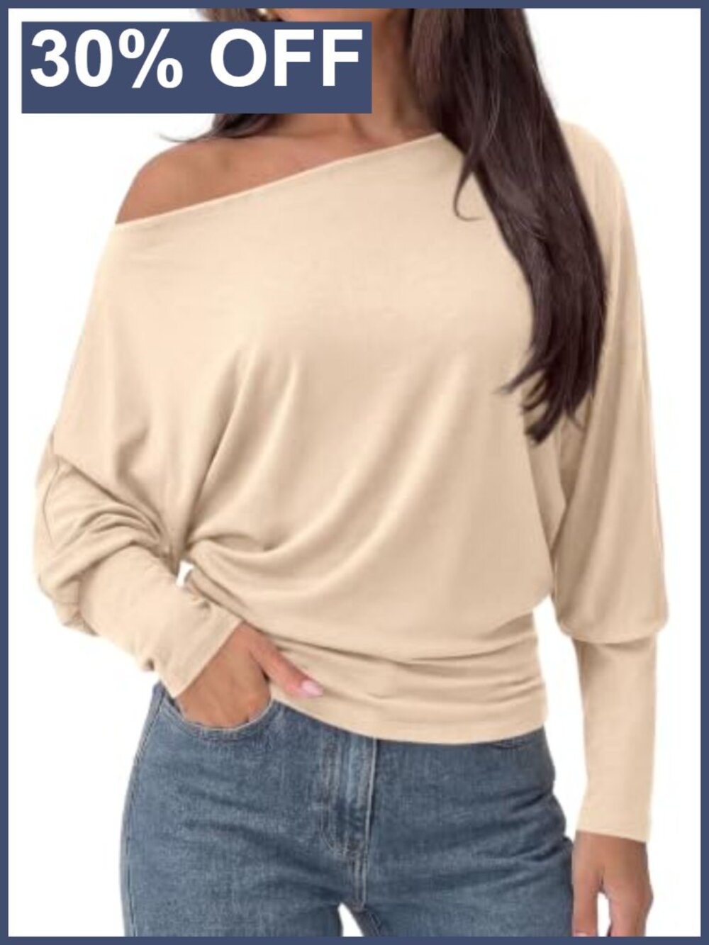 Off the Shoulder Batwing Sleeve Ribbed Knit Tunic Top